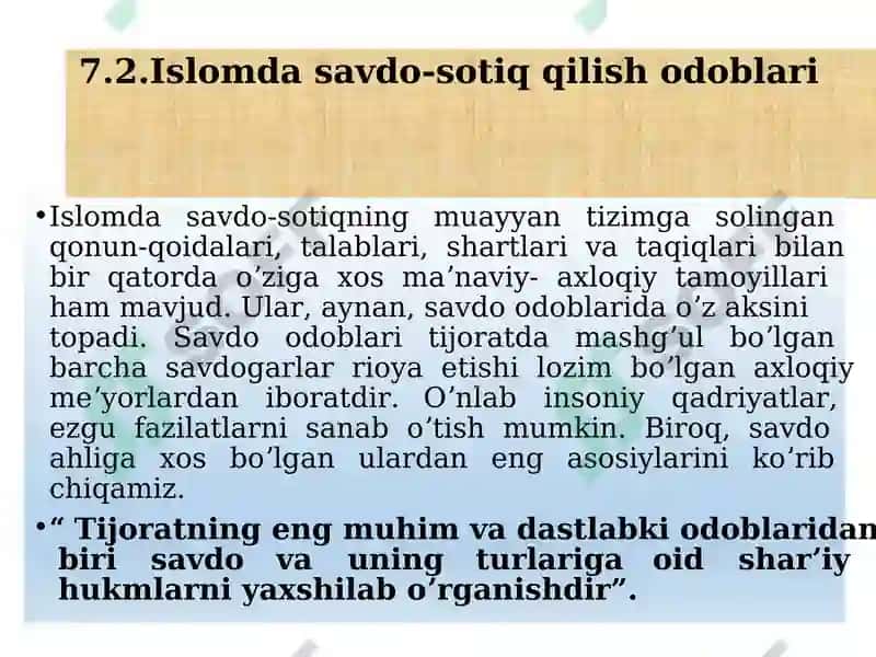 ISLOM QADRIYATLARI VA MA’RIFATI.  ISLOMDA IQTISODIY MUNOSABATLAR 8