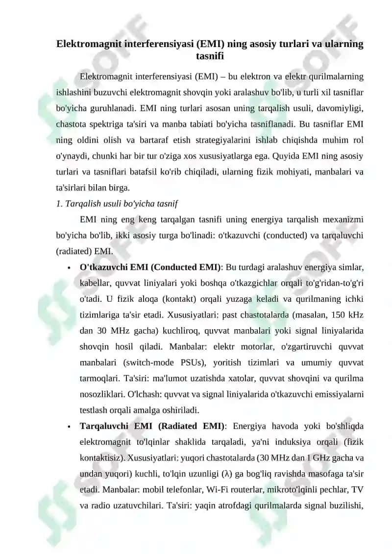 Elektromagnit interferensiyasi (EMI) va uning turlari. Tabiiy va sun’iy EMI manbalari 8
