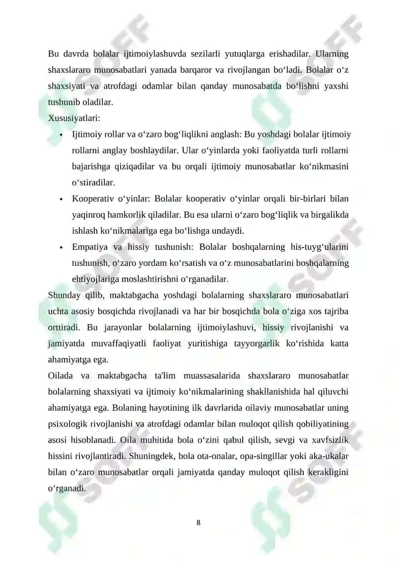 Maktabgacha Yoshdagi Bola Shaxsi va Shaxslararo Munosabatlarni O'rganish Kursi 8