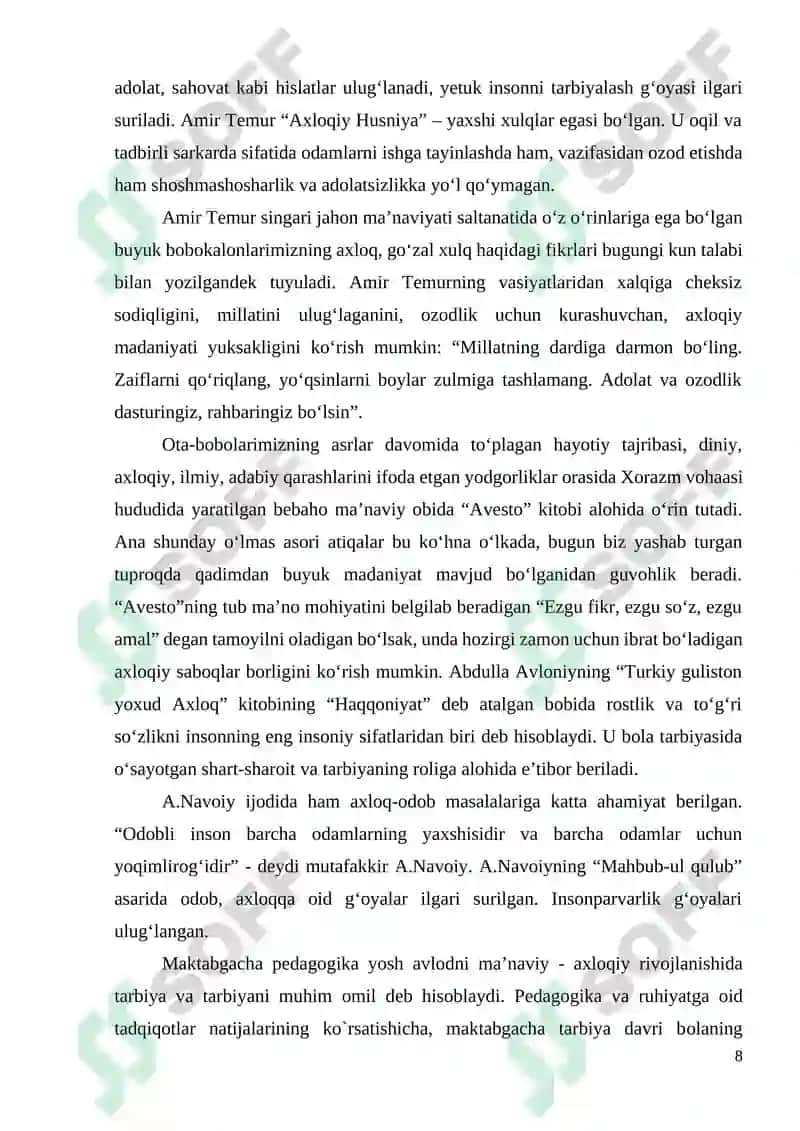 MAKTABGACHA YOSHDAGI BOLALARNING MA’NAVIY, AXLOQIY TARBIYASIDA VATANPARVARLIK, INSONPARVARLIK HIS-TUYG’USINI SHAKLLANTIRISH 8