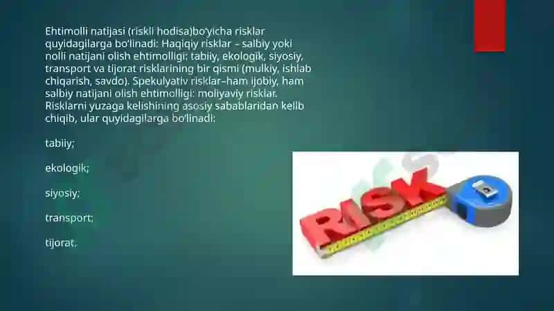 Risk xaqida tushuncha korxonalarda risklilik darajasi 8