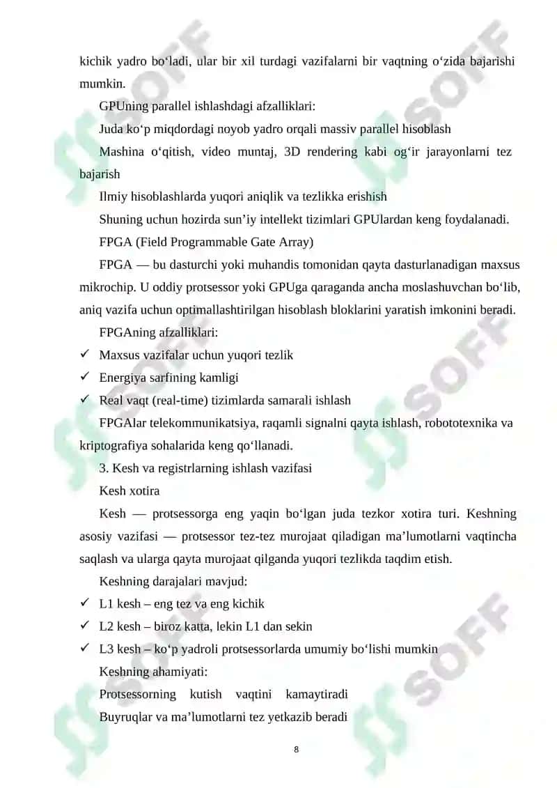 Parallel qayta ishlash, ma’lumotlarni taqdim etish va buyruqlarni amalga oshirishda apparat vositalarning vazifalari 8