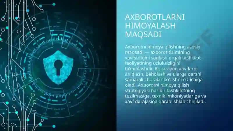 Axborot xavfsizligi va axborotlarni himoyalash usullari. Axborotlarni himoyalashning texnik va dasturiy vositalari 8