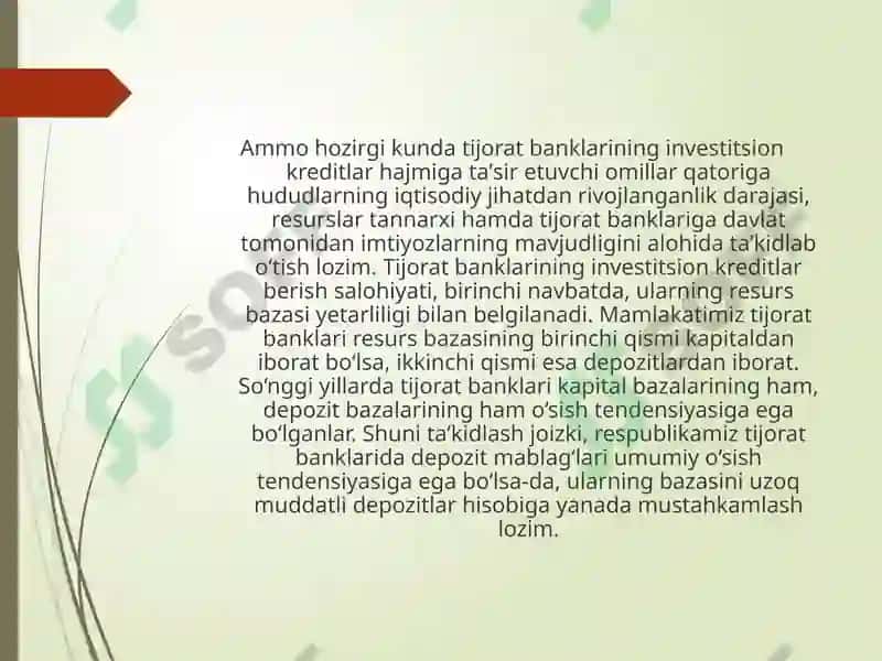 Banklarda investitsiya faoliyati tushunchasi, mazmuni va ahamiyati 8
