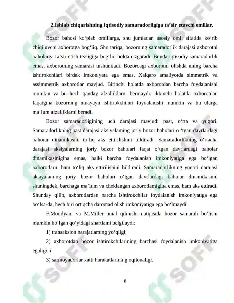 Ishlab chiqarish samaradorligi va uning asosiy ko’rsatkichlari 8