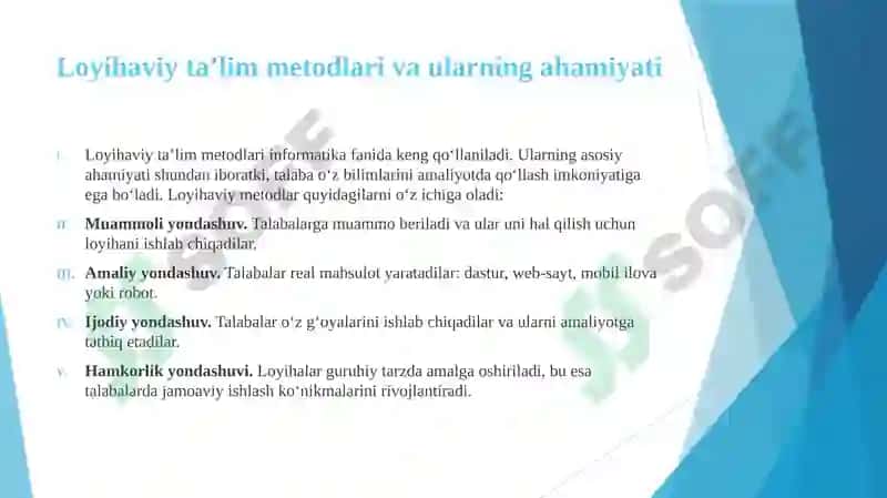 "Informatika fanidan loyihaviy faoliyatni tashkil etish metodikasi" mavzusida taqdimot 8