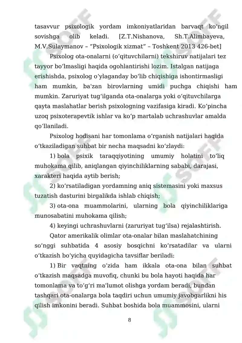 Xalq ta’lim tizimi psixologi ishining o‘ziga xos jihatlari(Mexribonlik uylari, internatlar, sotsial ta’minot, sog‘likni saqlash muassasalari, huquq-targ‘ibot tizimi) 8