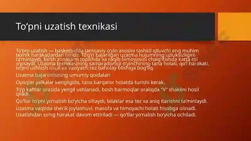 Basketbol o’yinida to’pni uzatish va qabul qilish texnik usullarni o’rgatish 8