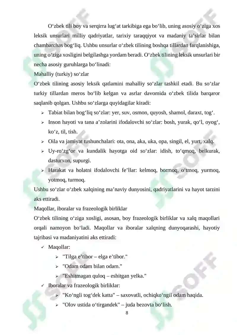 Oʻzbek Tili Leksikasi: Oʻz Qatlam va Oʻzlashma Qatlaml 8