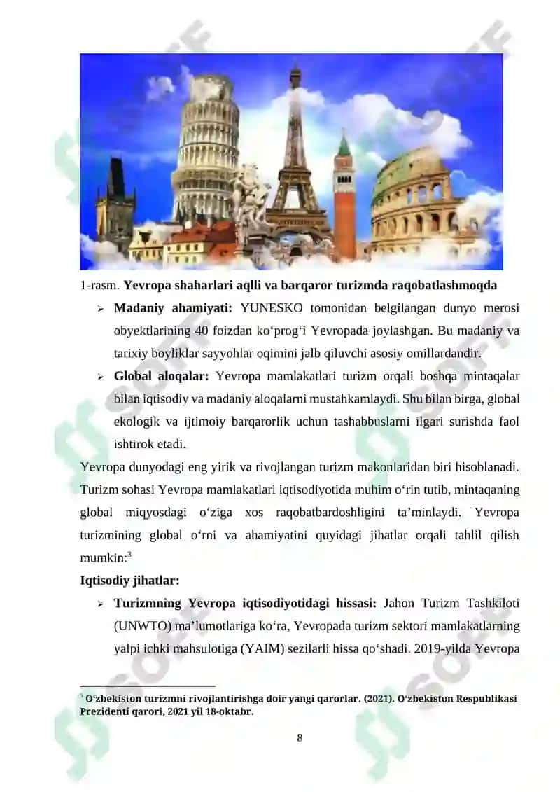"YEVROPA TURIZMNING RIVOJLANISHI" mavzusida tayyorlangan KURS ISHI 8