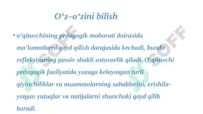 O‘Z-O‘ZINI TARBIYALASH VA O‘Z USTIDA ISHLASH. PEDAGOGIKA TAJRIBANI TO‘PLASH TIZIMI 8