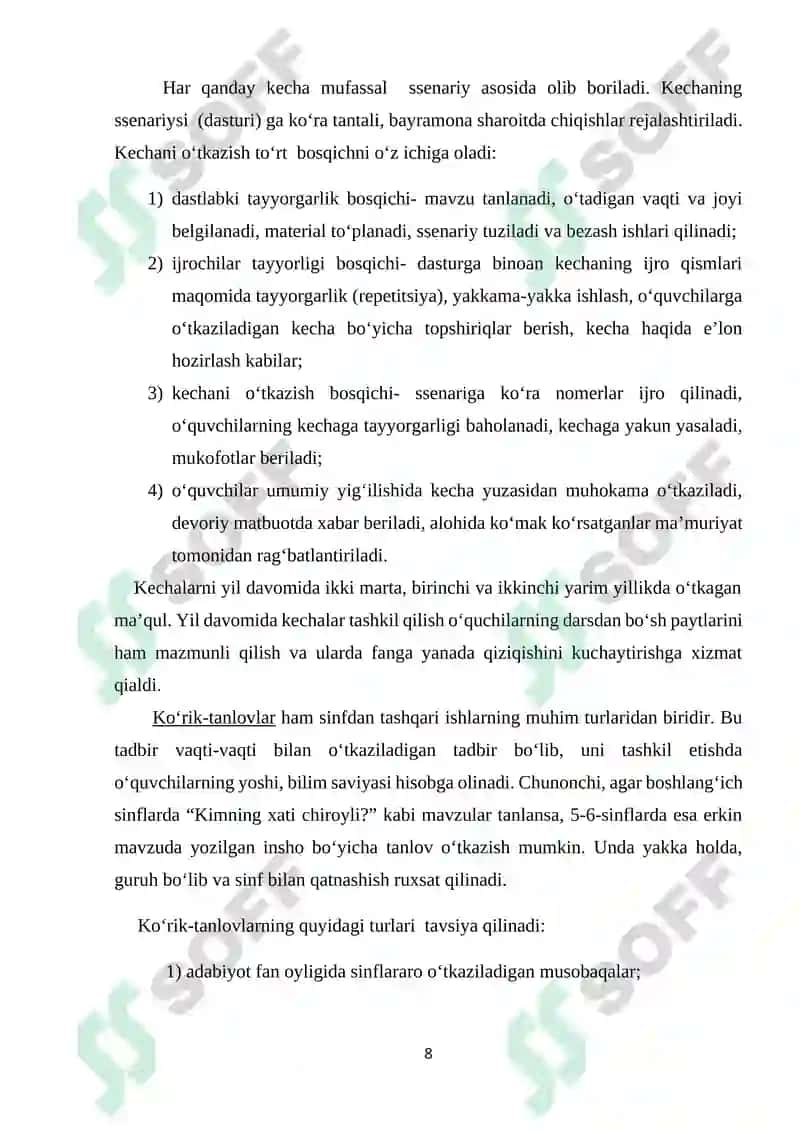 Adabiyotdan sinfdan tashqari mashg`ulotlarni tashkil etish va o`tkazish 8