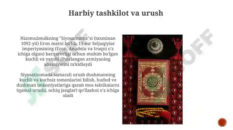 Nizomulmulkni Siyosatnoma asari mazmuni va mohiyatini yoritib berish 8
