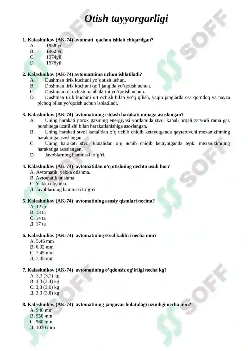 Chaqiruvga qadar boshlang’ich tayyorlik fanidan TEST SAVOLLARI 8