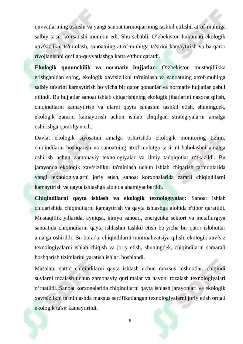 MUSTAQILLIK YILLARIDA QISHLOQ XO‘JALIGI VA SANOAT SOHASIDAGI O‘ZGARISHLAR 8