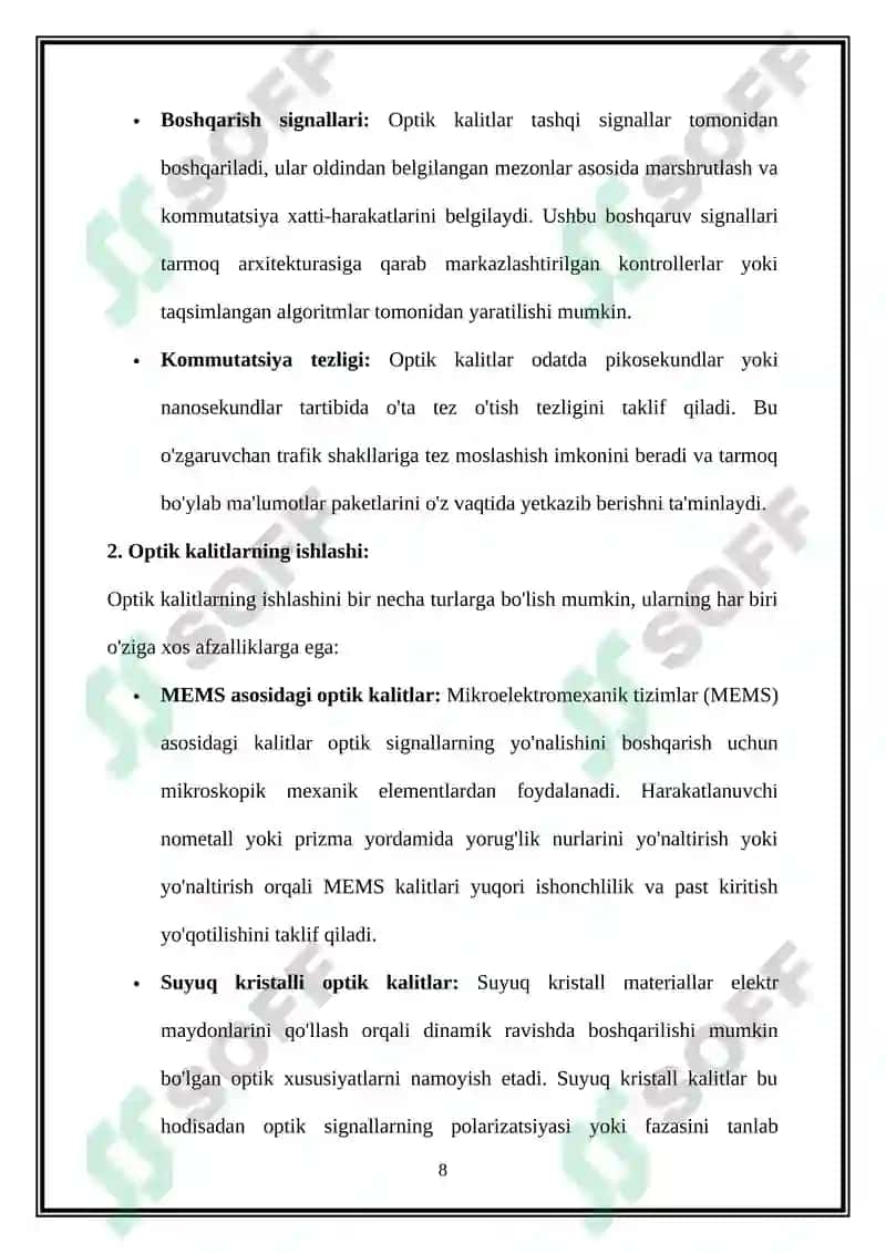 Optik kommutatorlar asosida optik aloqa tarmoqlarini tuzilish prinsiplari 8