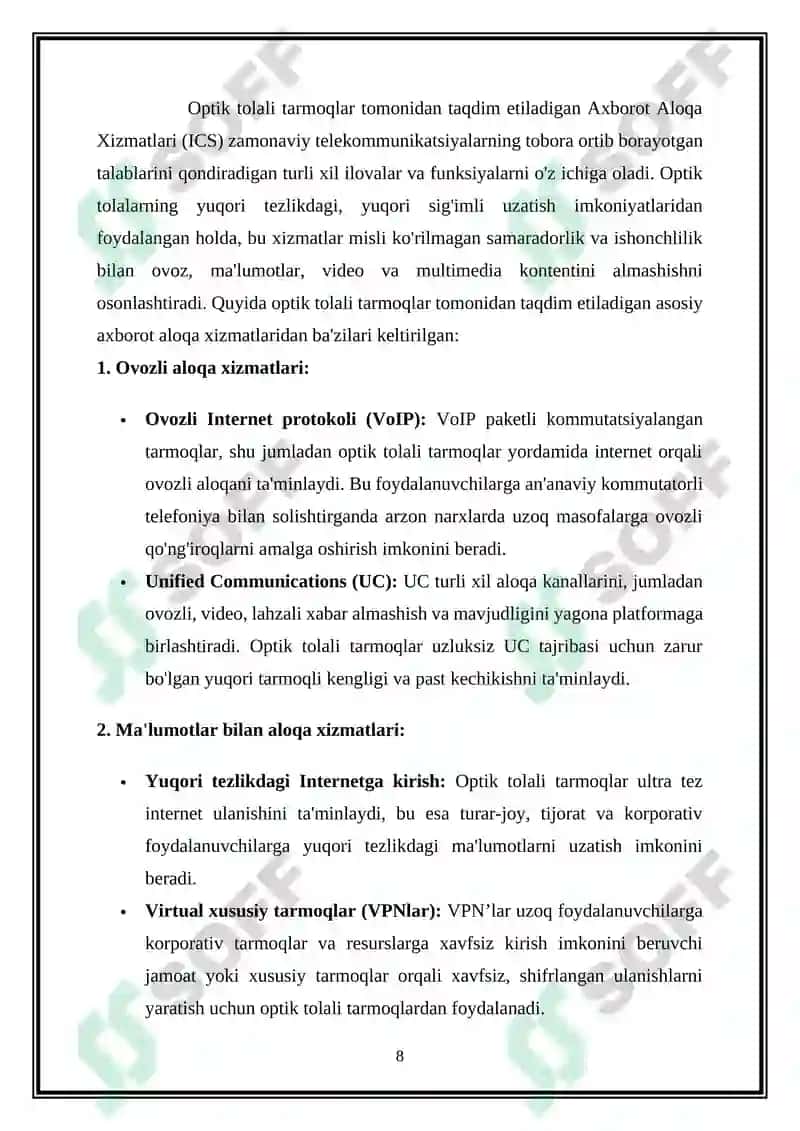 Tolali optik aloqa tarmoqlarida infokommunikatsion xizmatlar 8