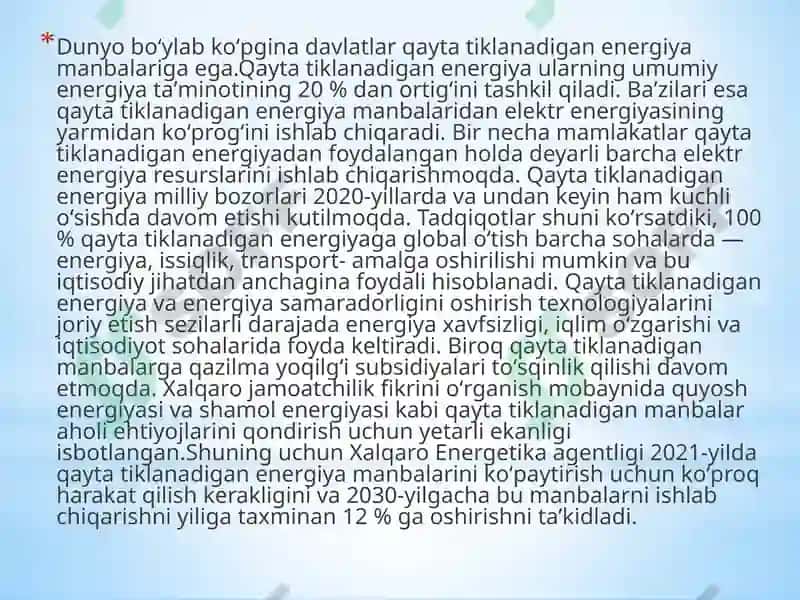 qayta tiklanadigan energiya tasnifi va salohiyati 8