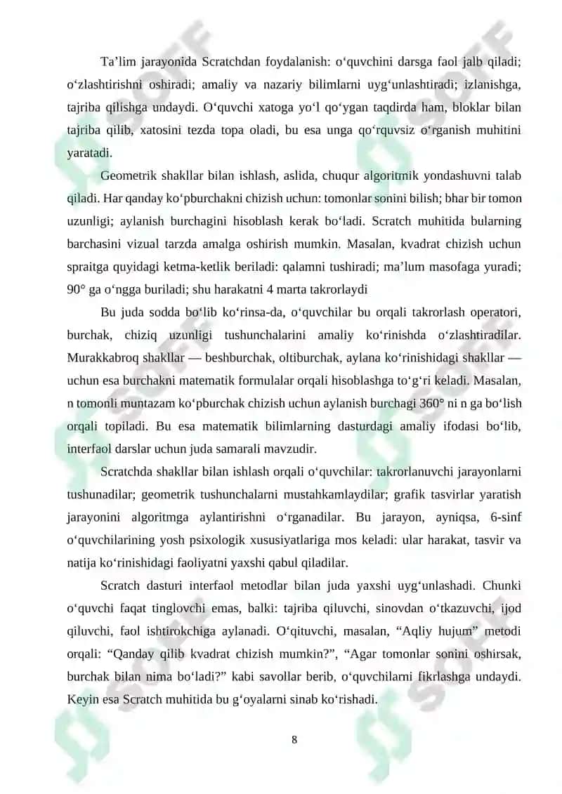 Umumiy orta talim maktablarining 6-sinfida Informatika va AT fanidan “Scratch dasturida shakllar bilan ishlash” mavzusini o‘qitishda interfaol metodlardan foydalanish 8