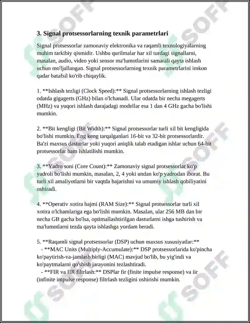 Signal protsessorlari, ko'rsatkichlari, texnik parametrlari hamda arxitekturasi 8