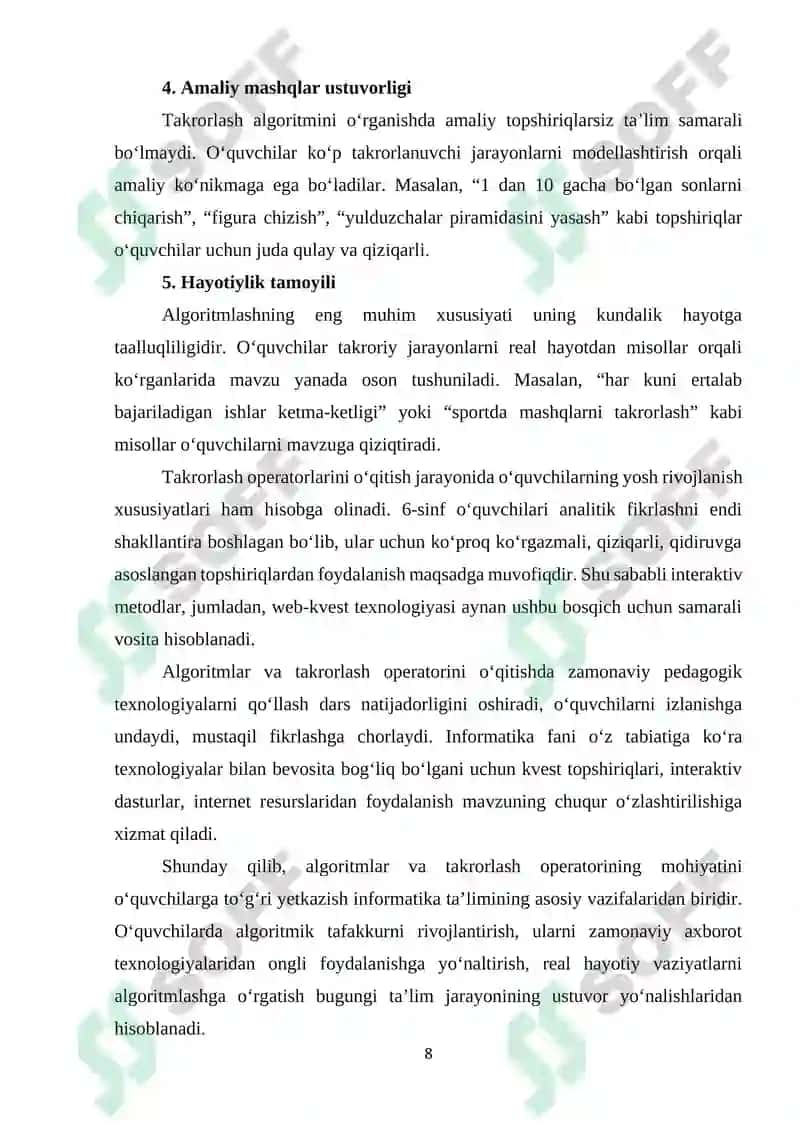 Umumiy orta talim maktablarining 6-sinfida Informatika va AT fanidan “Takrorlash algoritmi” mavzusini o‘qitishda web-kvestlardan foydalanish 8
