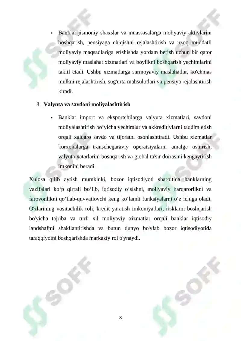 Banklar va ularning bozor iqtisodiyotidagi vazifalari 8