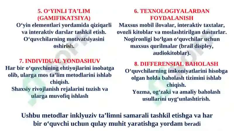 INKLYUZIV VA EHTIYOJLARGA ASOSLANGAN DIFFERENSIAL TA’LIMNING ZAMONAVIY YONDASHUVLARI. 8