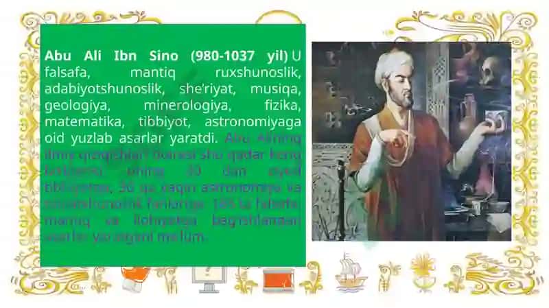 IX-Xii ASRLARDA MAMLAKATIMIZ HUDUDIDA RO`Y BERGAN MADANIY UYG`ONISH (Renesans). Buyuk allomalarimizning jahon sivilizatsiyasiga qo`shgan hissasi 8
