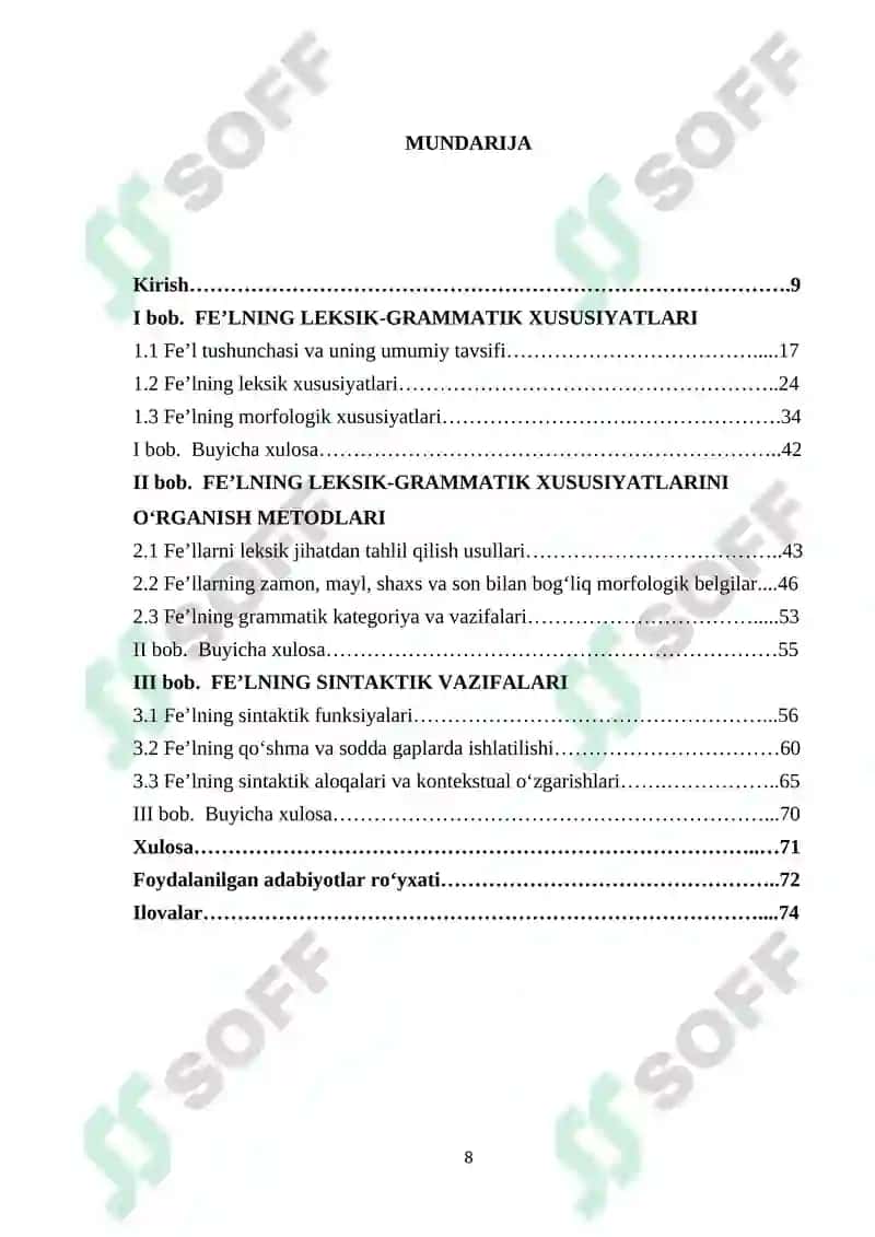 Feʼlning leksik-grammatik xususiyatlari (leksik, morfologik belgilari, sintaktik vazifalari) 8