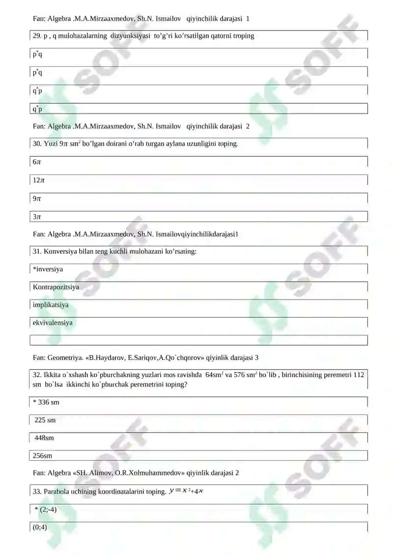 10-sinf matematika 200 ta test 8