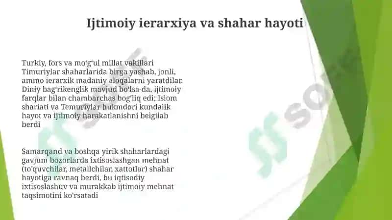 AMIR TEMUR VA TEMURIYLAR DAVRIDA SHAHAR MADANIYATINING O'ZGA XOS XUSUSIYATLARI 8