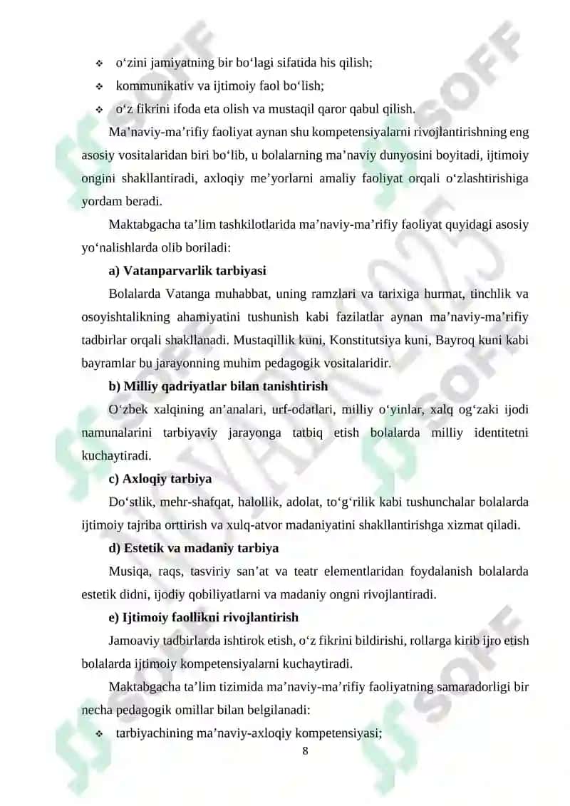 Maktabgacha ta'lim tashkilotlarida "O'zbekiston Respublikasining Mustaqillik kuni" munosabati bilan ma'naviy-ma'rifiy tadbirlarni tashkil etish loyixasi 8