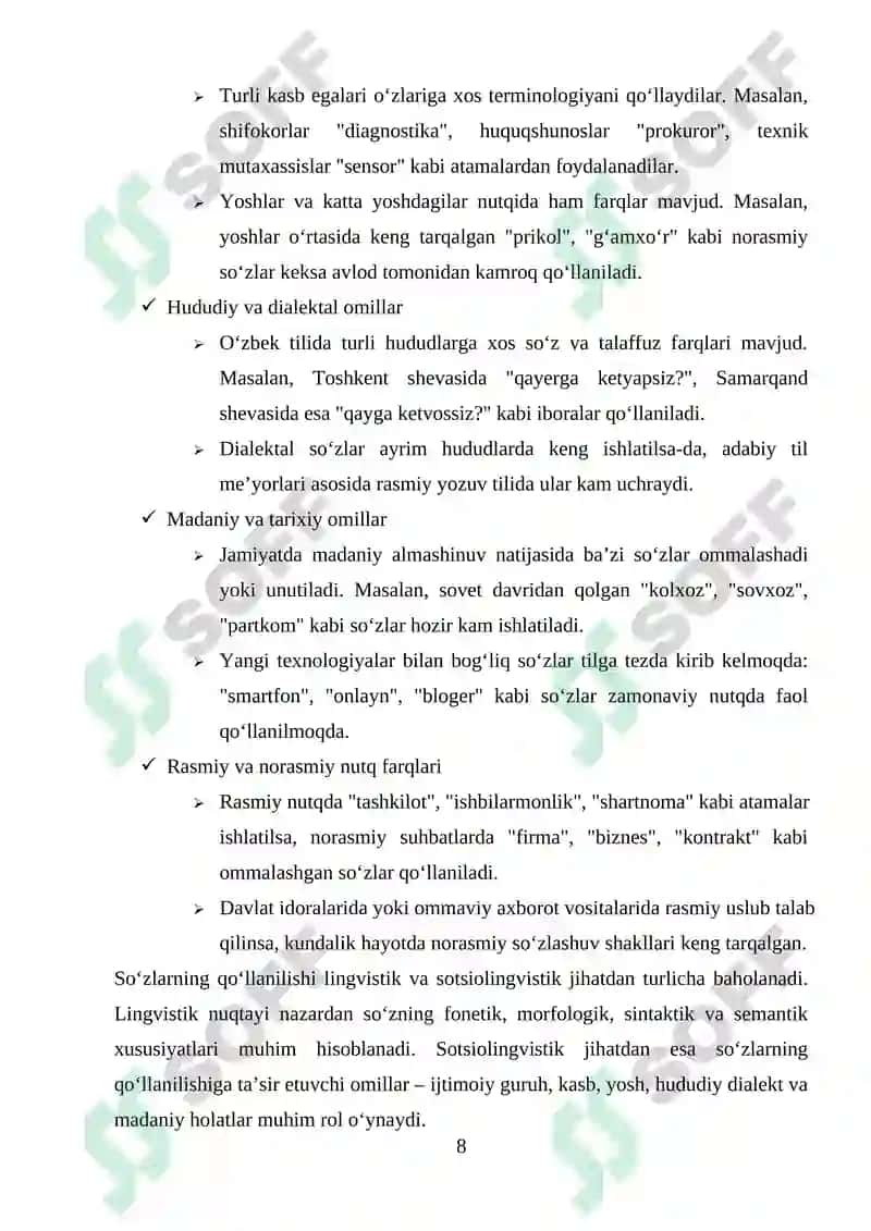 "Oʻzbek tilida soʻzlarning qoʻllanilish darajasiga koʻra turlari" 8