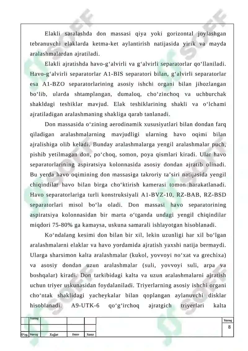Tegirmonning quvvati 200t/kun bo‘lgan bir navli (oliy nav) 75% li un ishlab chiqarish tehnologiyasi.” 8