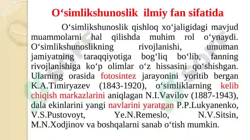 O‘simlikshunoslik fanining maqsadi va vazifasi, dalaekinlarining umumiy tavsifiva guruhlari 8