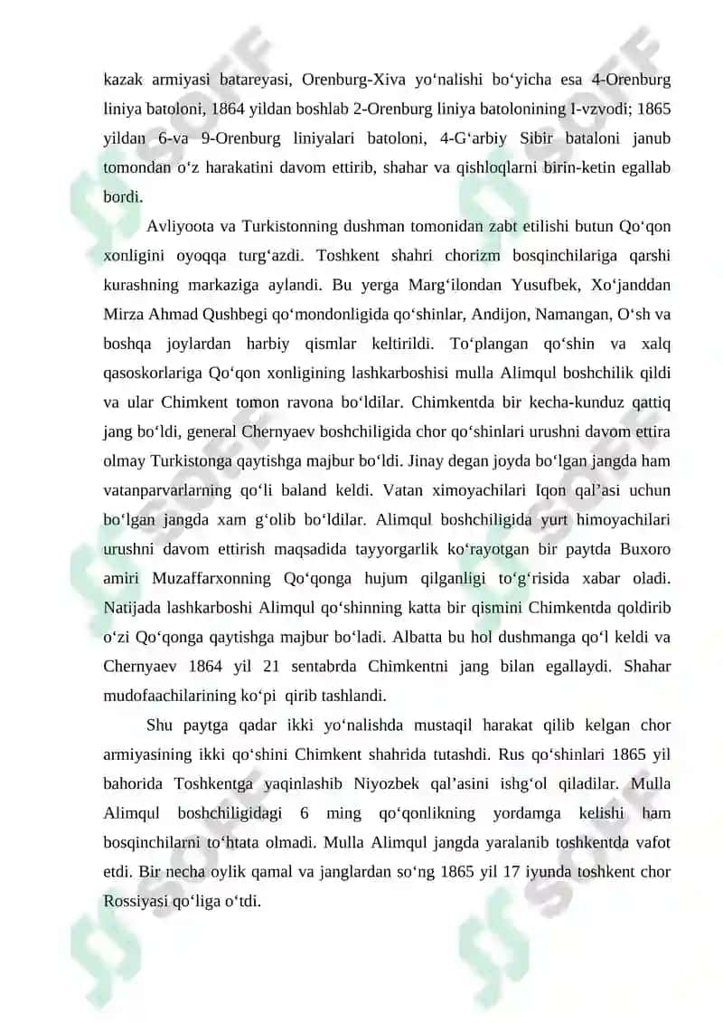 O‘RTA OSIYO XONLIKLARINING CHOR ROSSIYASI TOMONIDAN BOSIB OLINISHI VA MUSTAMLAKACHILARGA QARSHI XALQ HARAKATLARI 8