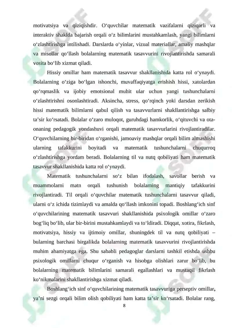 Matеmatika oqitishning psiхоlоgik asоslarini organish mеtоdikasi bоshlang`ich sinflarda 8