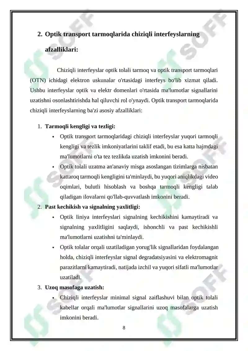 Optik aloqa tizimlarida Optik transport tarmogʻida liniya interfeys turlari va ularning qoʻllanilish afzalliklari 8