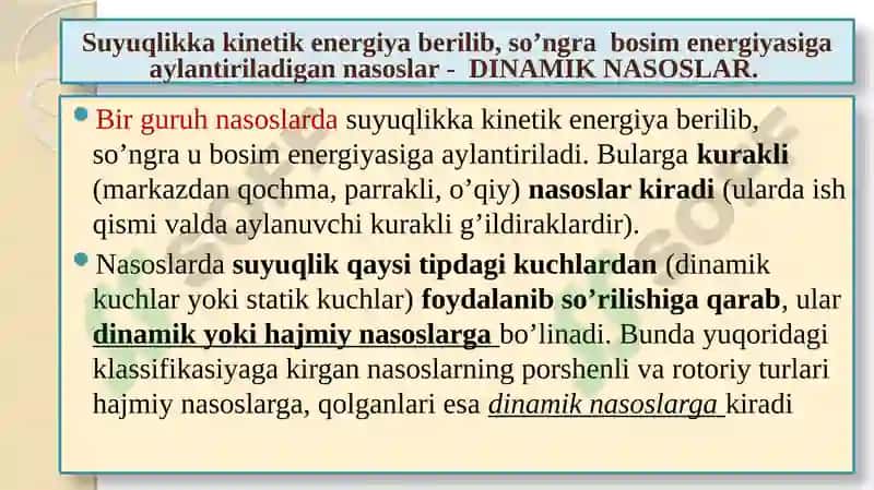 NASOSLAR VA ULARNING TASNIFI. DINAMIK NASOSLAR. PARRAKLI NASOSLARNING TUZILISHI VA ISH PRINSTIPI 8