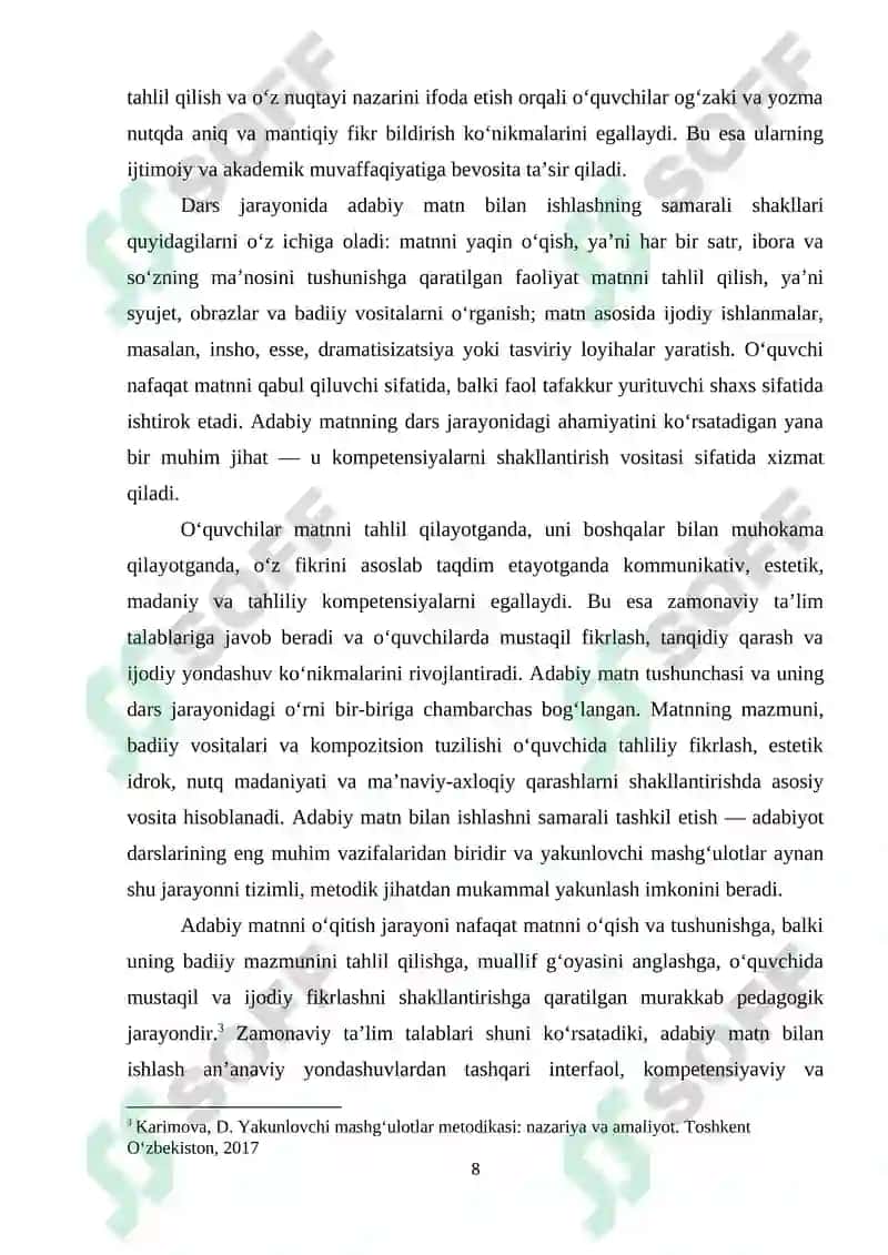 Adabiy matnlar bilan ishlashda yakunlovchi mashg‘ulotlarining o‘rni 8