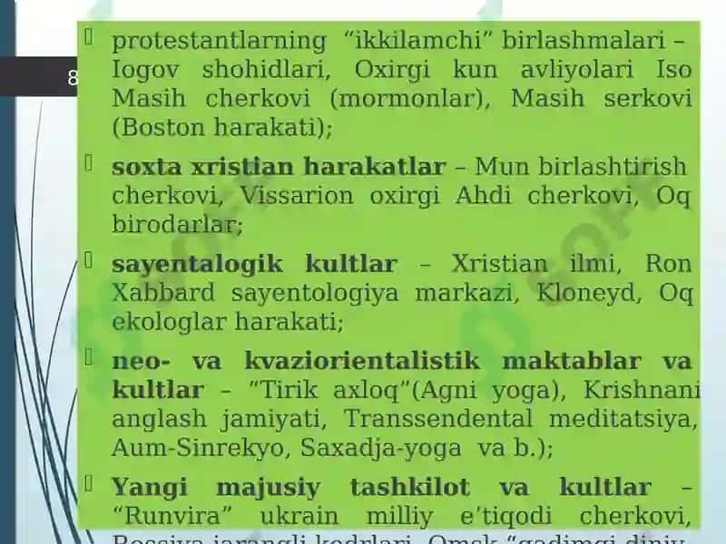 Zamonaviy diniy harakatlar va sektalar 8