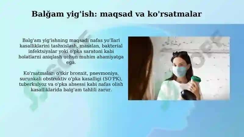 Nafas olish kasalliklari Cho'ntak ingalyatoridan foydalanish Balg'am yig'ish Tufdon dezinfeksiyasi 8