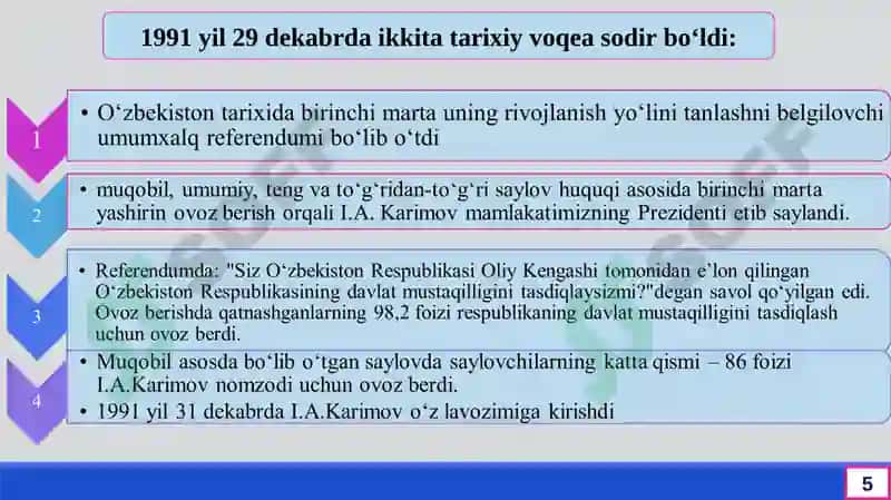 Mustaqil O‘zbekiston Respublikasi tashkil topishining tarixiy ahamiyati. O‘zbekistonda demokratik, fuqarolik jamiyati asoslarining shakllanishi, amalga oshirilgan siyosiy islohotlar 8