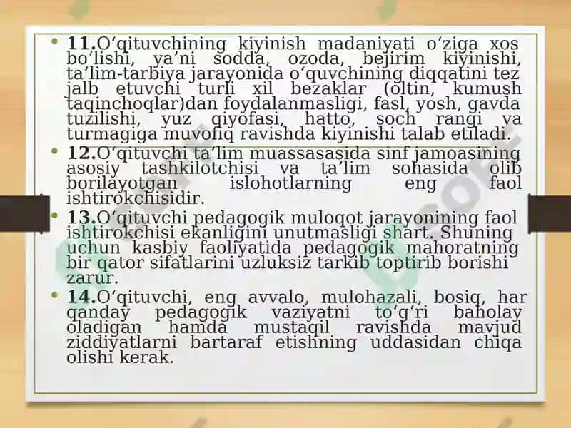 Hozirgi davrda oʻqituvchilarning kasbiy mahoratini takomillashtirish. Oʻqituvchi  faoliyatida   pedagogik  qobiliyat va uning turlari. 8
