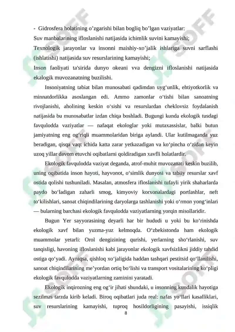 EKOLOGIK TUSDAGI FAVQULODDA VAZIYATLAR VA ULARNING OLDINI OLISH CHORALARI. 8