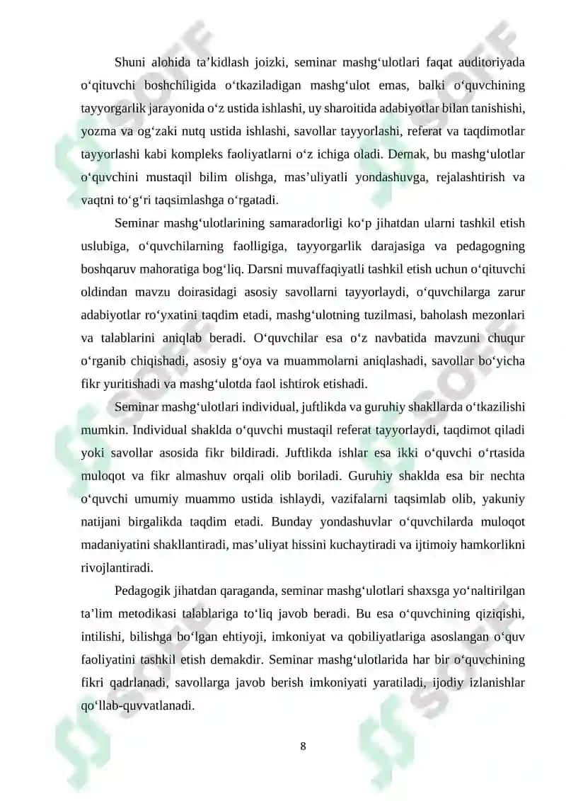 Seminar va amaliy- tajriba  ishlar shaklidagi mashgʻulotlar 8