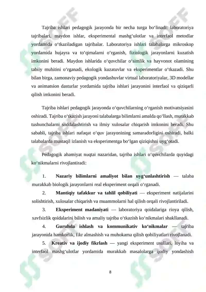 Biologiya darslarida tajriba ishlari tizimini takomillashtrish 8