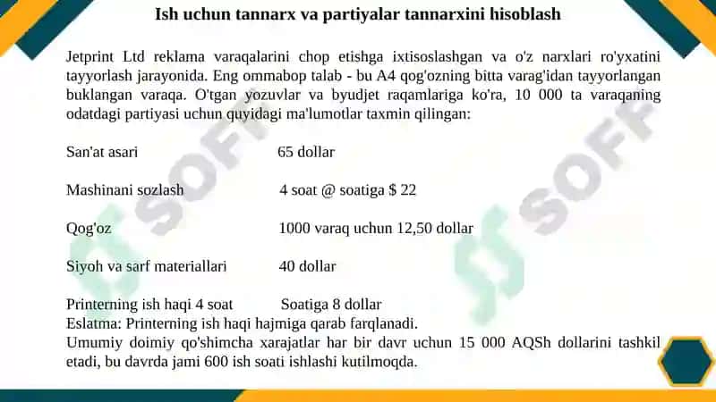 Partiyalar bo‘yicha va xizmat ko‘rsatish bo‘yicha harajatlarni hisoblash 8