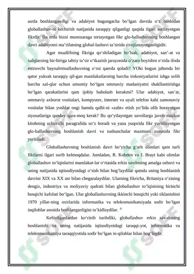 Globallashuv tushunchasi, mohiyati, jamiyat hayotida namoyon bo‘lish xususiyatlari. Globallashuvning nazariy asoslari 8