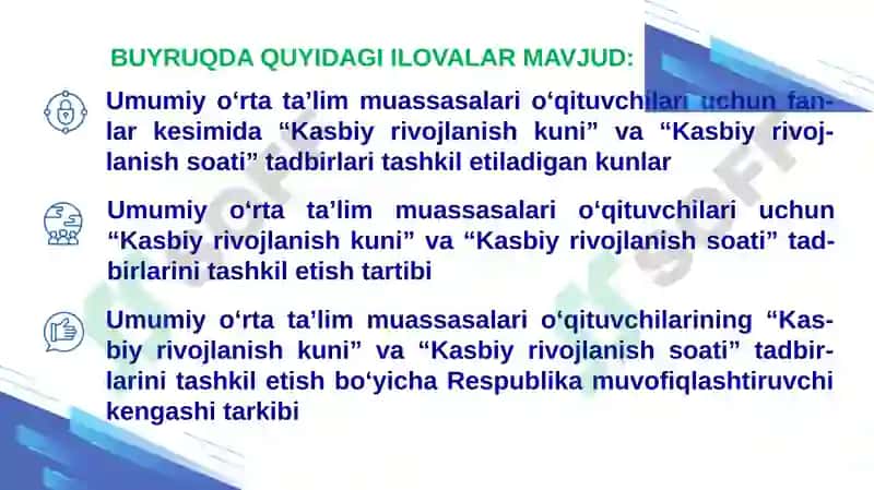 "UZLUKSIZ KASBIY RIVOJLANTIRISH TIZIMINI TAKOMILLASHTIIRISH YOKI“KASBIY RIVOJLANTIRISH KUNI”VA“KASBIY RIVOJLANTIRISH SOATI”TUSHUNCHALARI HAQIDA" 8